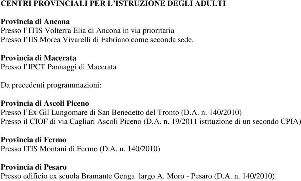 Provincia di Macerata Presso l IPCT Pannaggi di Macerata Da precedenti programmazioni: Provincia di Ascoli Piceno Presso l Ex Gil Lungomare di San Benedetto