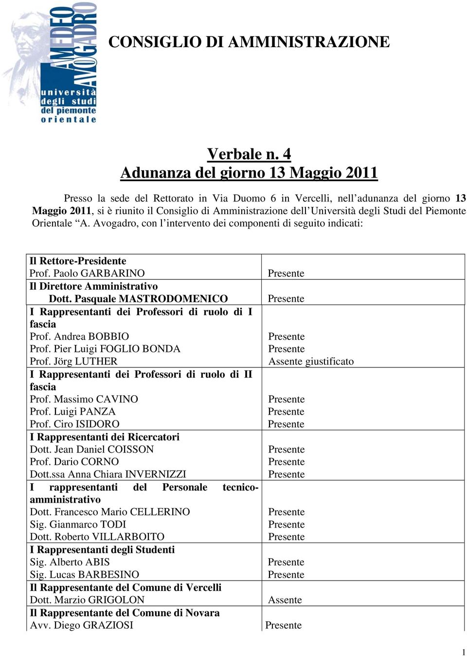 degli Studi del Piemonte Orientale A. Avogadro, con l intervento dei componenti di seguito indicati: Il Rettore-Presidente Prof. Paolo GARBARINO Il Direttore Amministrativo Dott.