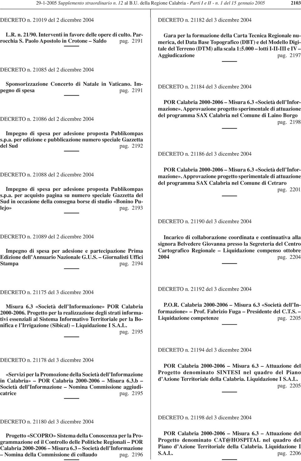 21182 del 3 dicembre 2004 Gara per la formazione della Carta Tecnica Regionale numerica, del Data Base Topografico (DBT) e del Modello Digitale del Terreno (DTM) alla scala 1:5.