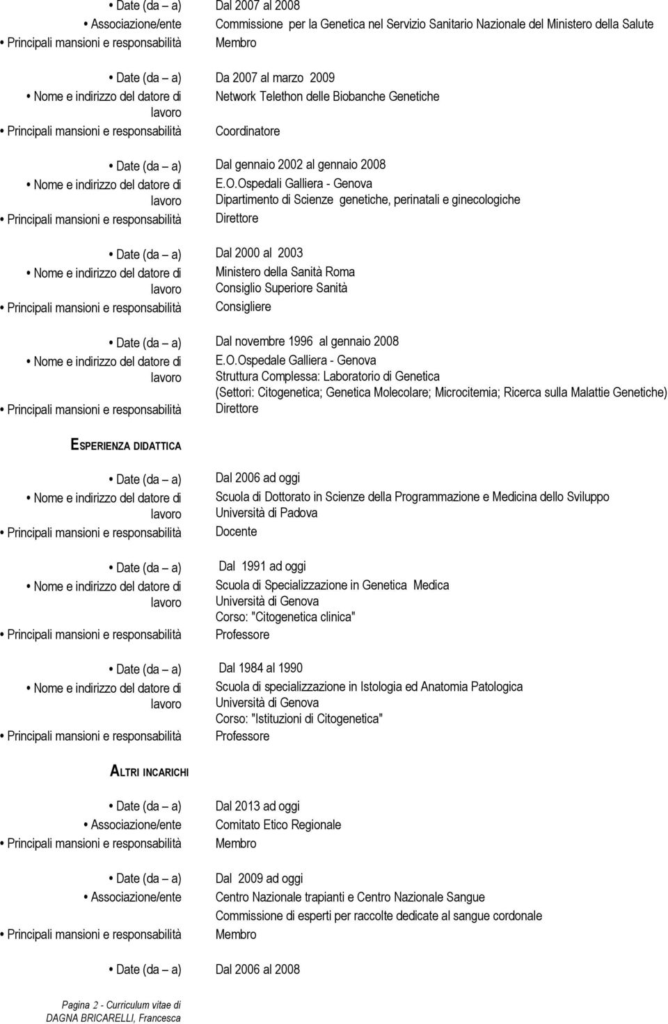 Ospedali Galliera - Genova Dipartimento di Scienze genetiche, perinatali e ginecologiche Direttore Dal 2000 al 2003 Ministero della Sanità Roma Consiglio Superiore Sanità Consigliere Dal novembre