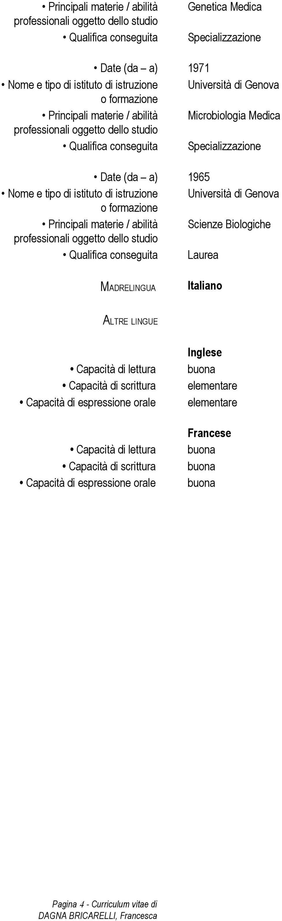 Principali materie / abilità Scienze Biologiche Qualifica conseguita Laurea MADRELINGUA Italiano ALTRE LINGUE Capacità di lettura Capacità di scrittura