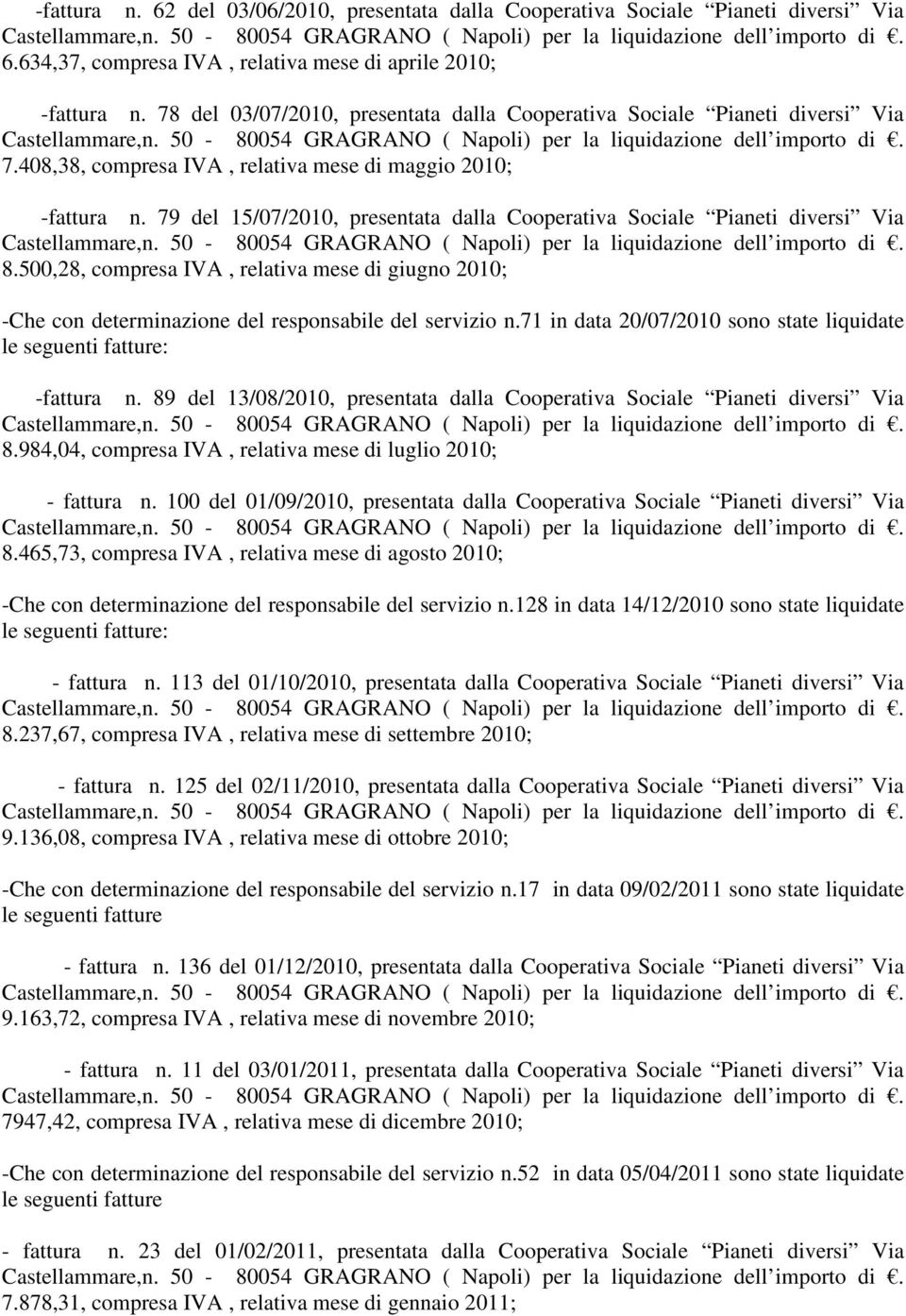 79 del 15/07/2010, presentata dalla Cooperativa Sociale Pianeti diversi Via 8.500,28, compresa IVA, relativa mese di giugno 2010; -Che con determinazione del responsabile del servizio n.