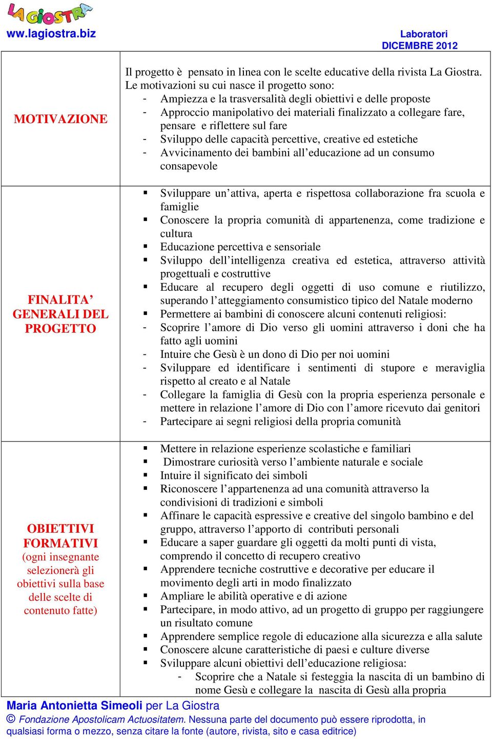 sul fare - Sviluppo delle capacità percettive, creative ed estetiche - Avvicinamento dei bambini all educazione ad un consumo consapevole Sviluppare un attiva, aperta e rispettosa collaborazione fra