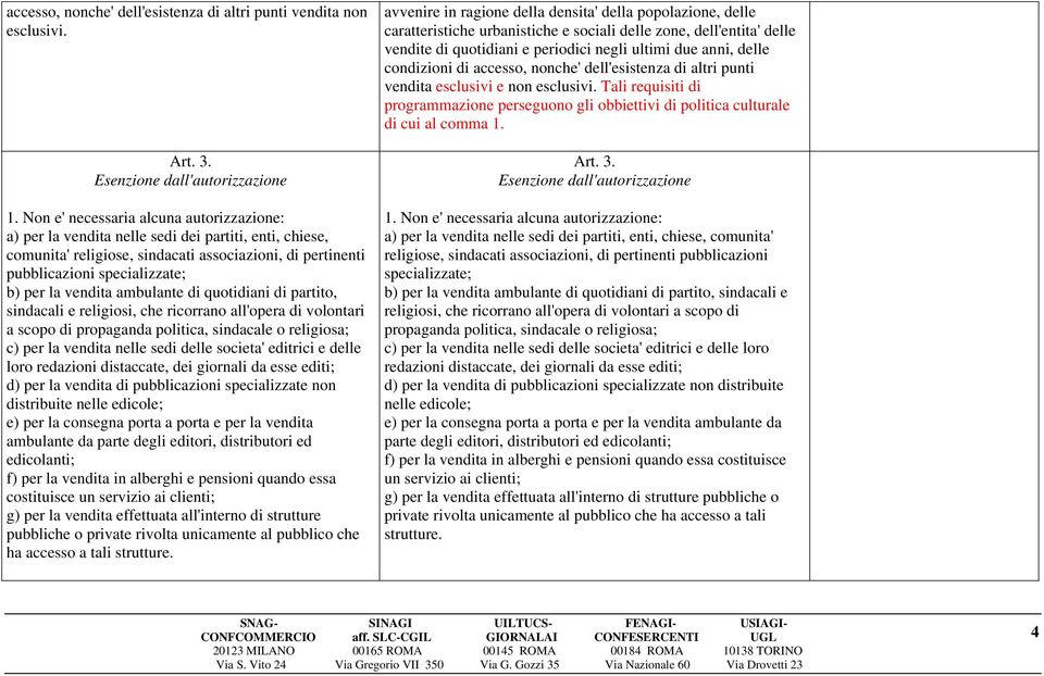 vendita ambulante di quotidiani di partito, sindacali e religiosi, che ricorrano all'opera di volontari a scopo di propaganda politica, sindacale o religiosa; c) per la vendita nelle sedi delle