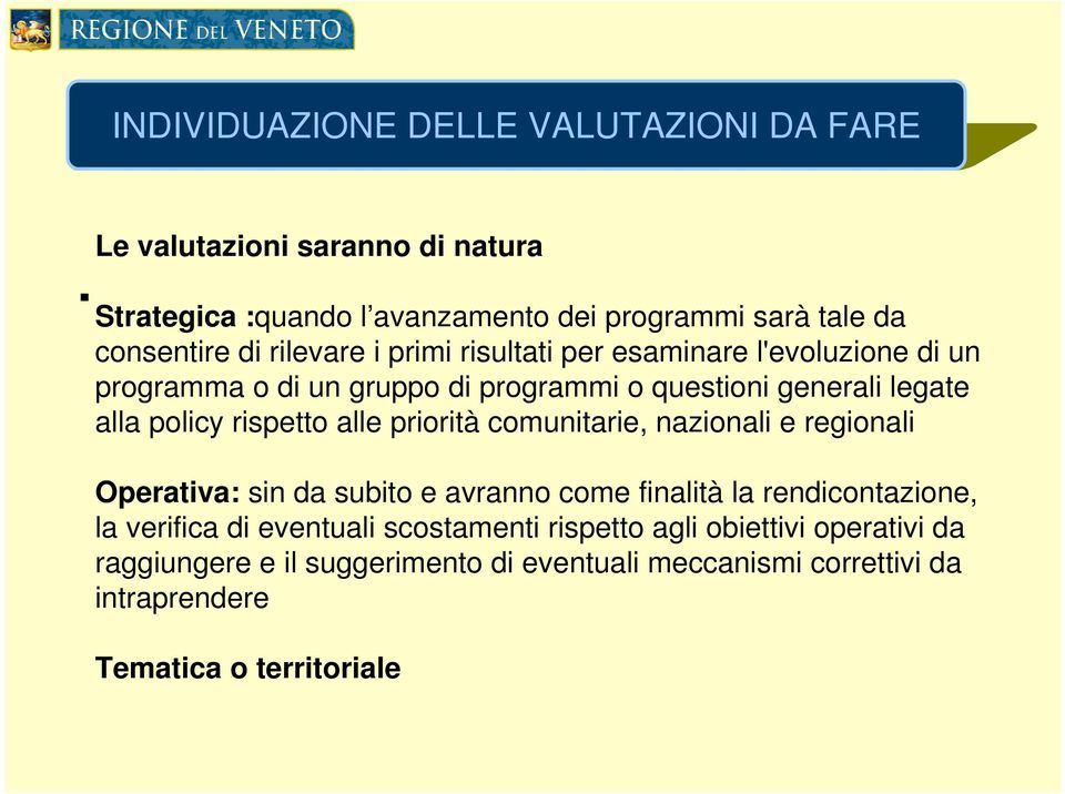 l'evoluzione di un programma o di un gruppo di programmi o questioni generali legate alla policy rispetto alle priorità comunitarie, nazionali e