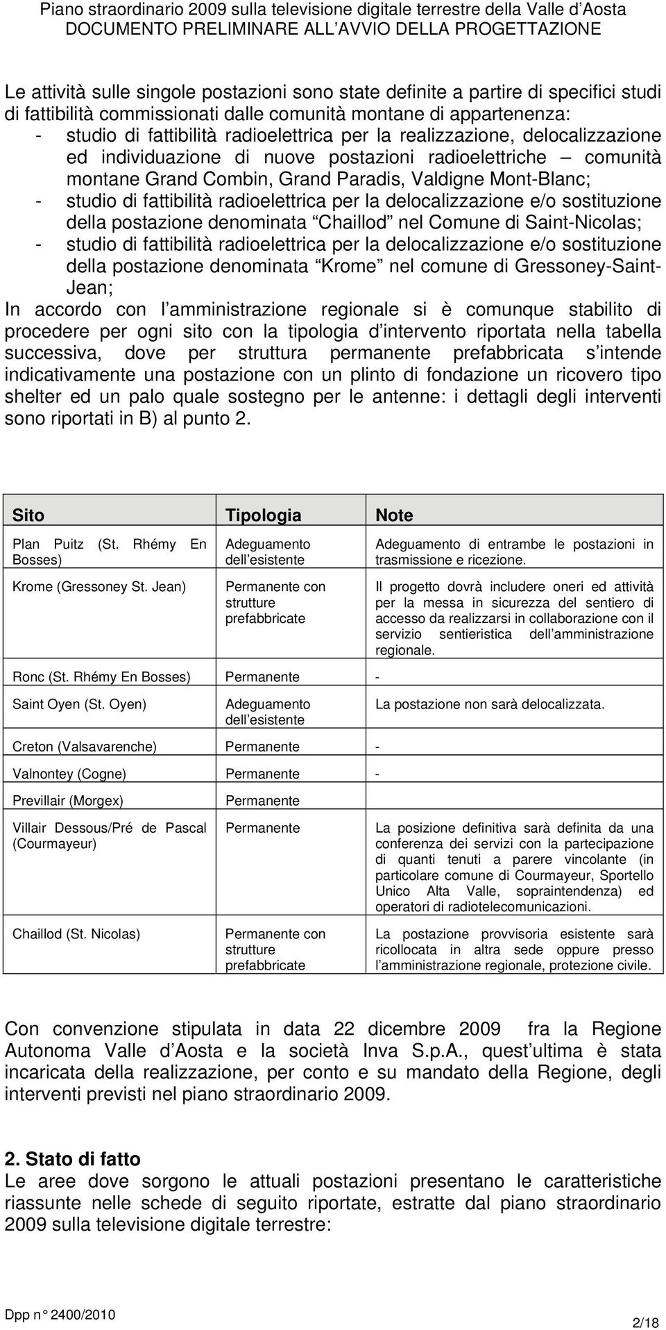 la delocalizzazione e/o sostituzione della postazione denominata Chaillod nel Comune di Saint-Nicolas; - studio di fattibilità radioelettrica per la delocalizzazione e/o sostituzione della postazione