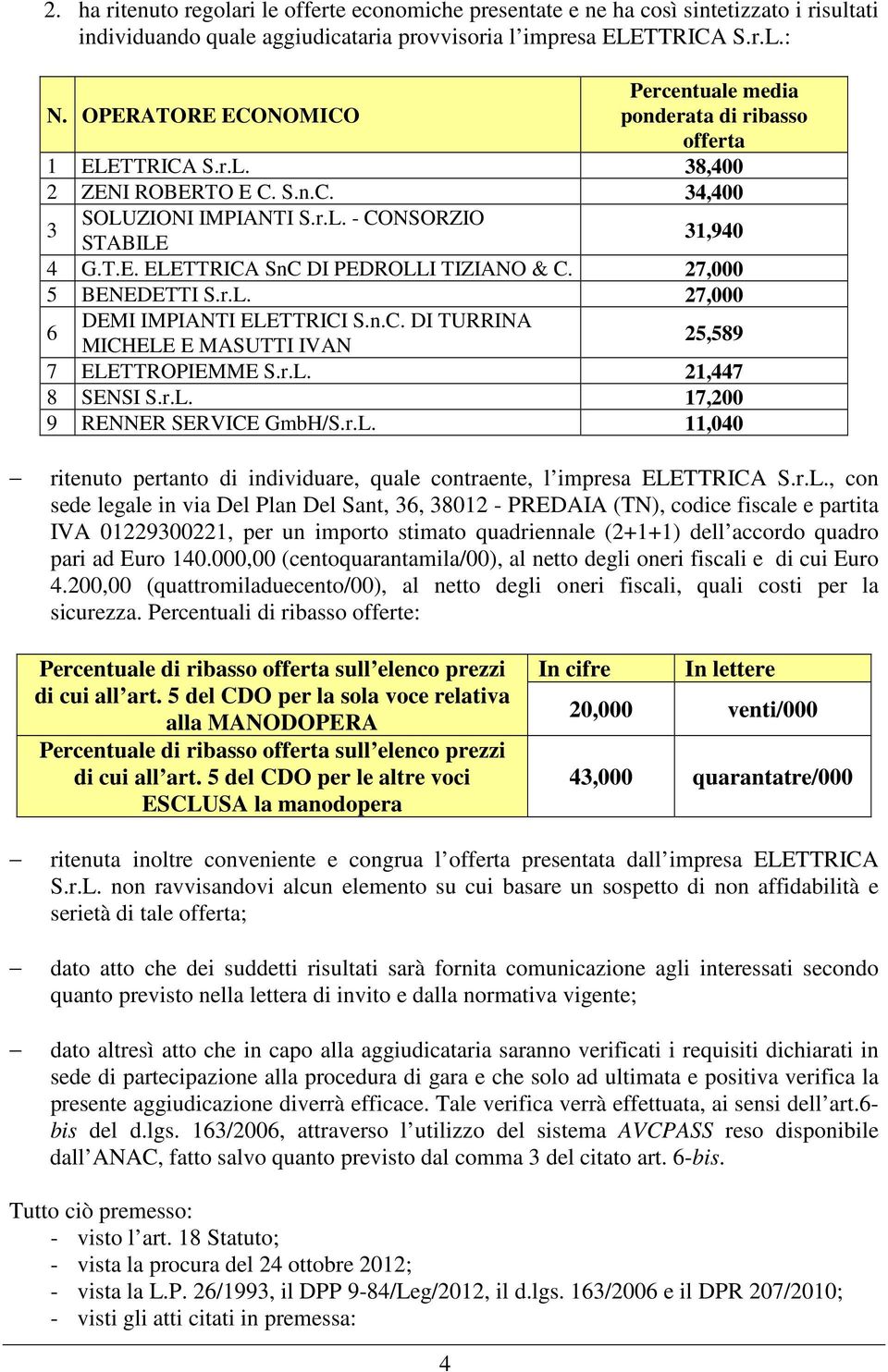 27,000 5 BENEDETTI S.r.L. 27,000 6 DEMI IMPIANTI ELETTRICI S.n.C. DI TURRINA 25,589 7 ELETTROPIEMME S.r.L. 21,447 8 SENSI S.r.L. 17,200 9 RENNER SERVICE GmbH/S.r.L. 11,040 ritenuto pertanto di individuare, quale contraente, l impresa ELETTRICA S.