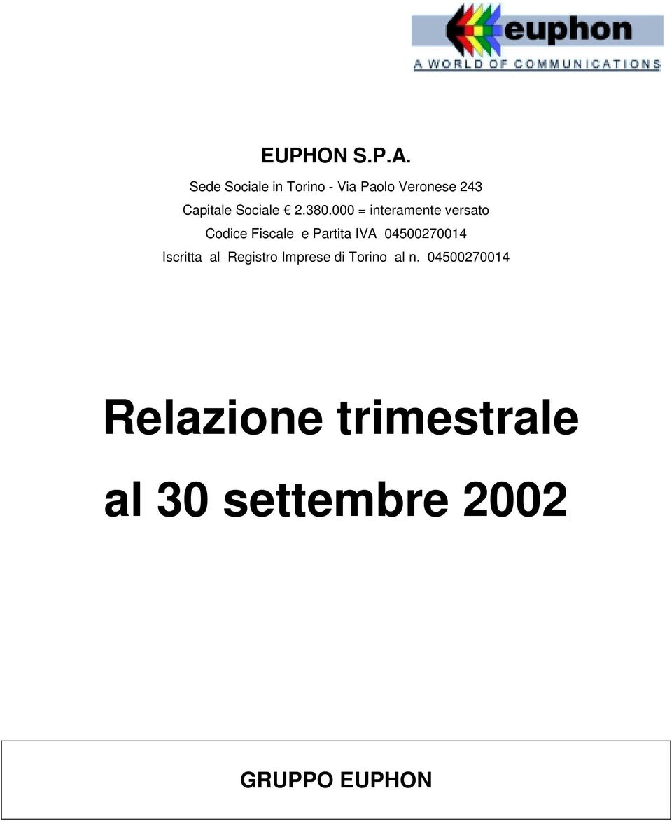 380.000 = interamente versato Codice Fiscale e Partita IVA