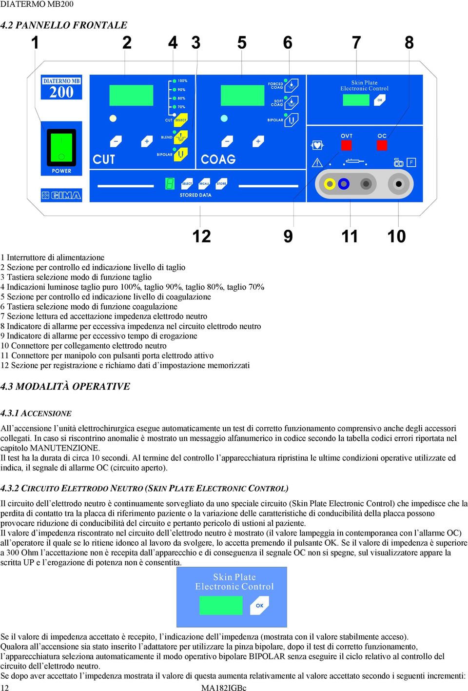 elettrodo neutro 8 Indicatore di allarme per eccessiva impedenza nel circuito elettrodo neutro 9 Indicatore di allarme per eccessivo tempo di erogazione 10 Connettore per collegamento elettrodo