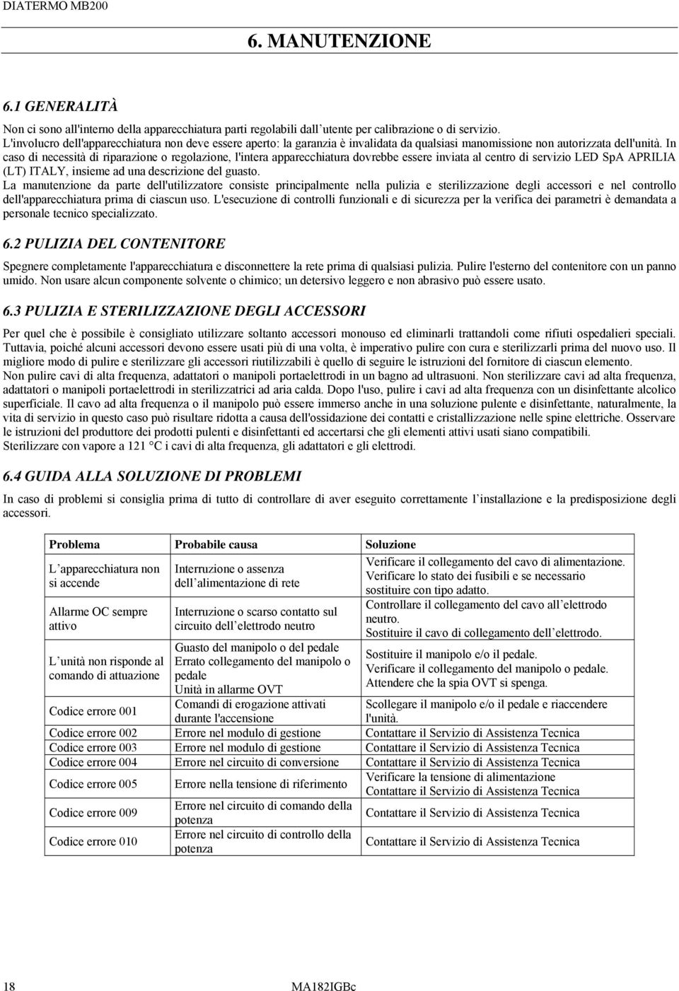 In caso di necessità di riparazione o regolazione, l'intera apparecchiatura dovrebbe essere inviata al centro di servizio LED SpA APRILIA (LT) ITALY, insieme ad una descrizione del guasto.