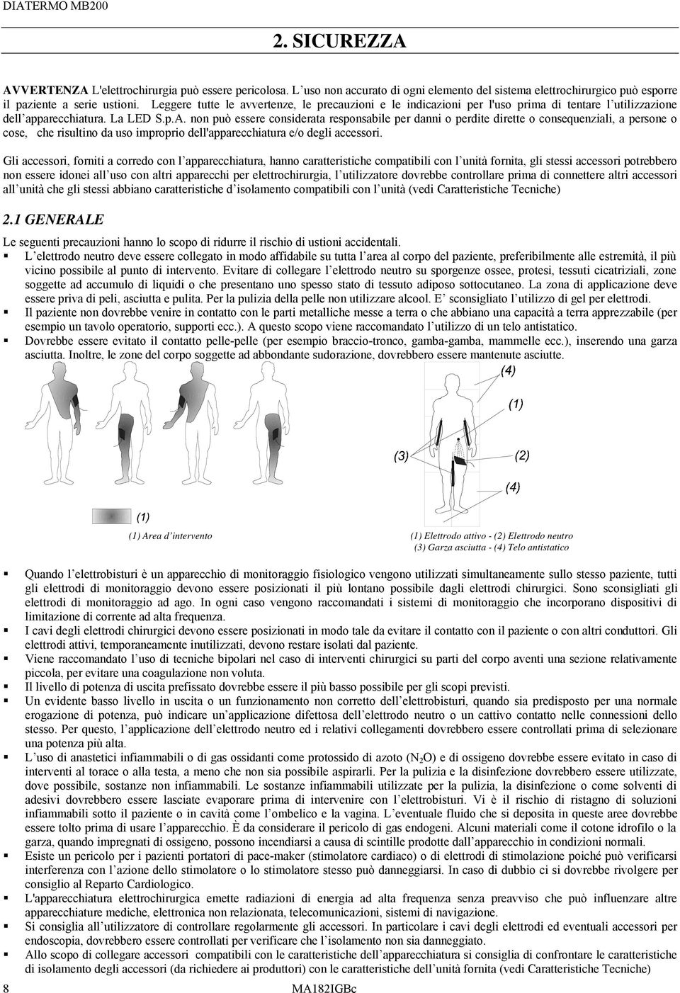 non può essere considerata responsabile per danni o perdite dirette o consequenziali, a persone o cose, che risultino da uso improprio dell'apparecchiatura e/o degli accessori.