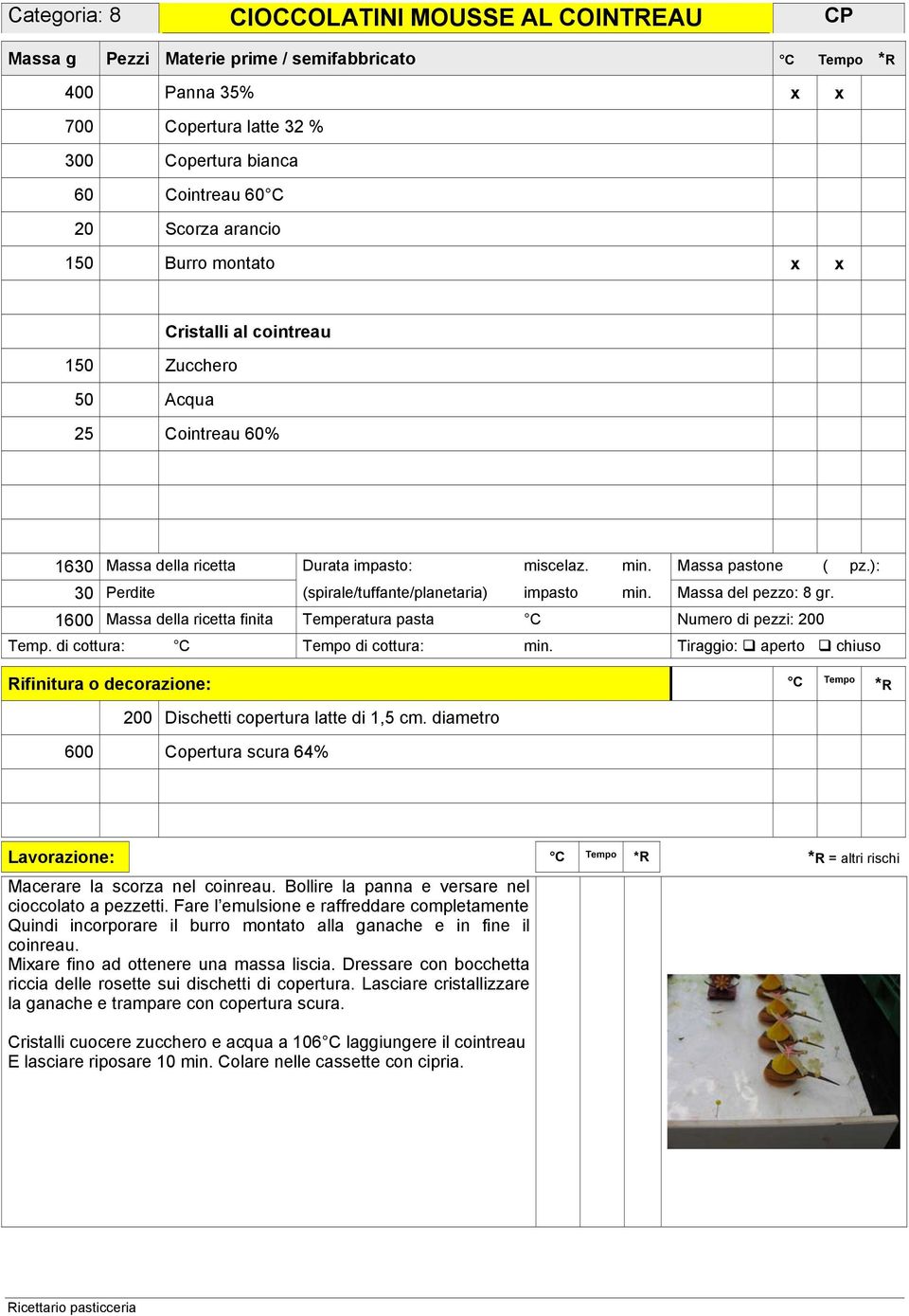 ): 30 Perdite (spirale/tuffante/planetaria) impasto min. Massa del pezzo: 8 gr. 1600 Massa della ricetta finita Temperatura pasta C Numero di pezzi: 200 Temp. di cottura: C di cottura: min.