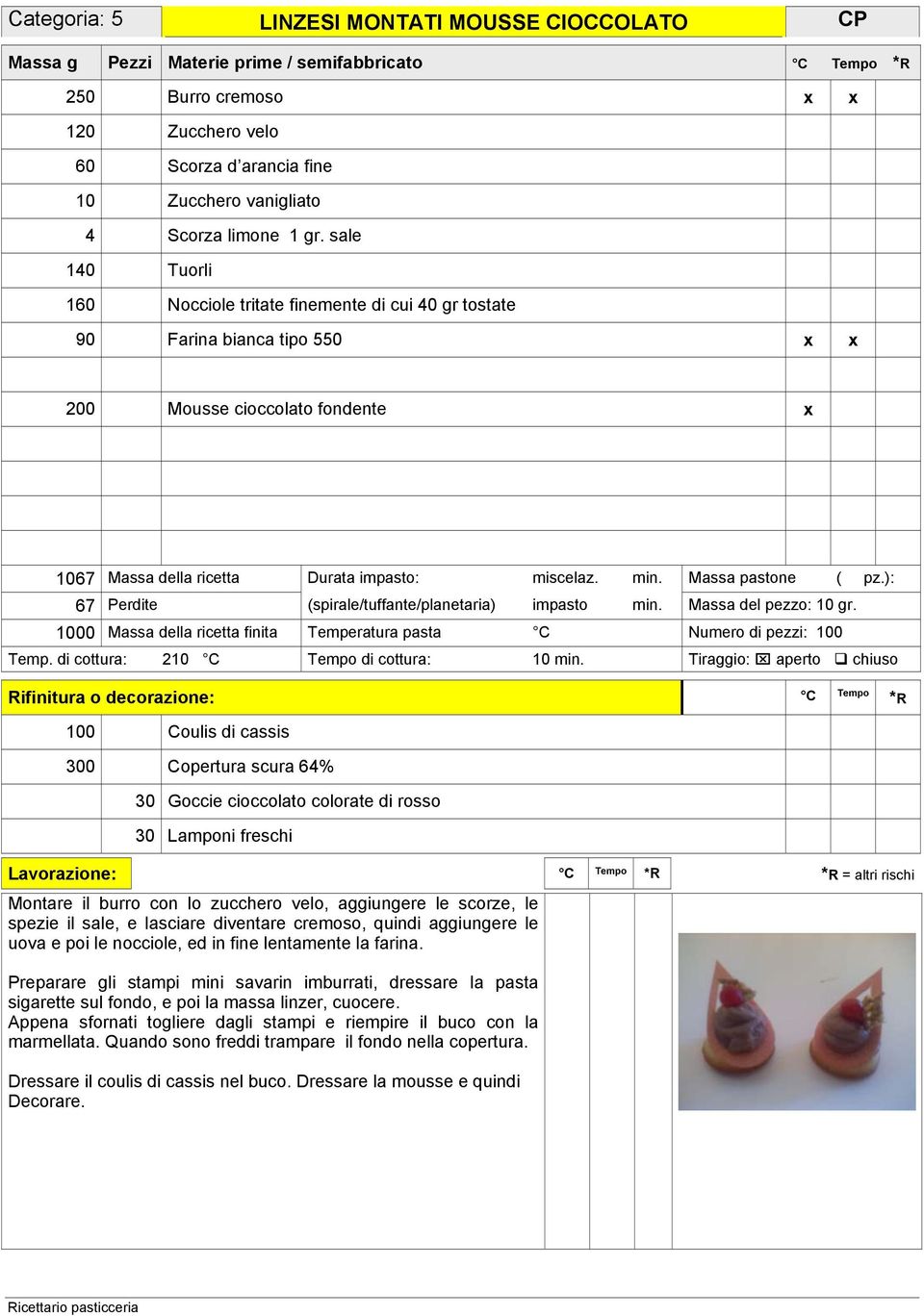 Massa pastone ( pz.): 67 Perdite (spirale/tuffante/planetaria) impasto min. Massa del pezzo: 10 gr. 1000 Massa della ricetta finita Temperatura pasta C Numero di pezzi: 100 Temp.