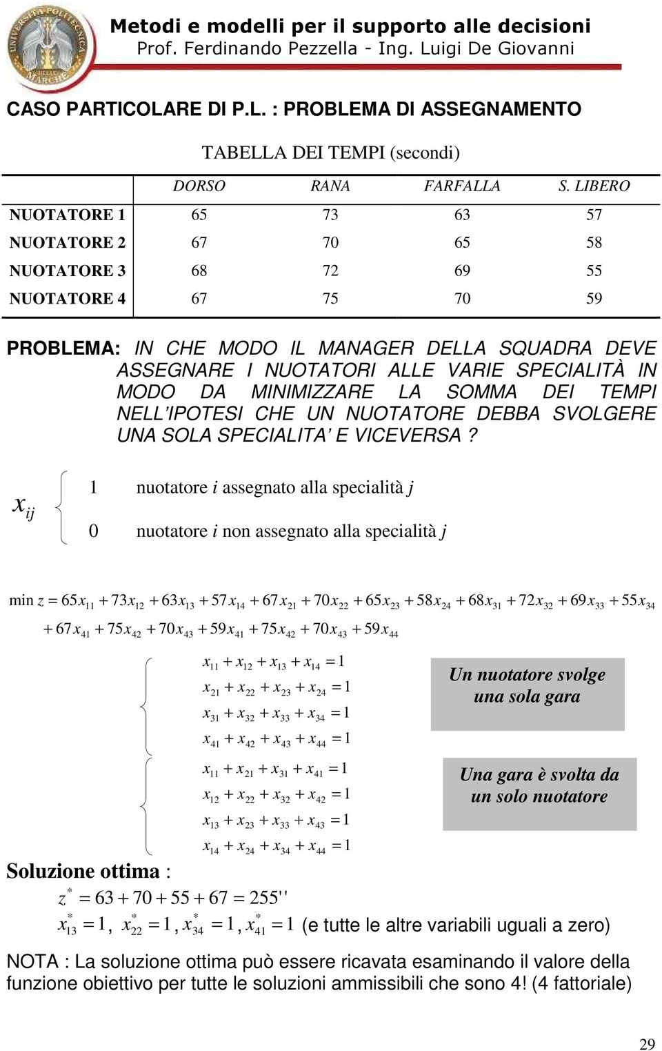 MODO DA MINIMIZZARE LA SOMMA DEI TEMPI NELL IPOTESI CHE UN NUOTATORE DEBBA SVOLGERE UNA SOLA SPECIALITA E VICEVERSA?