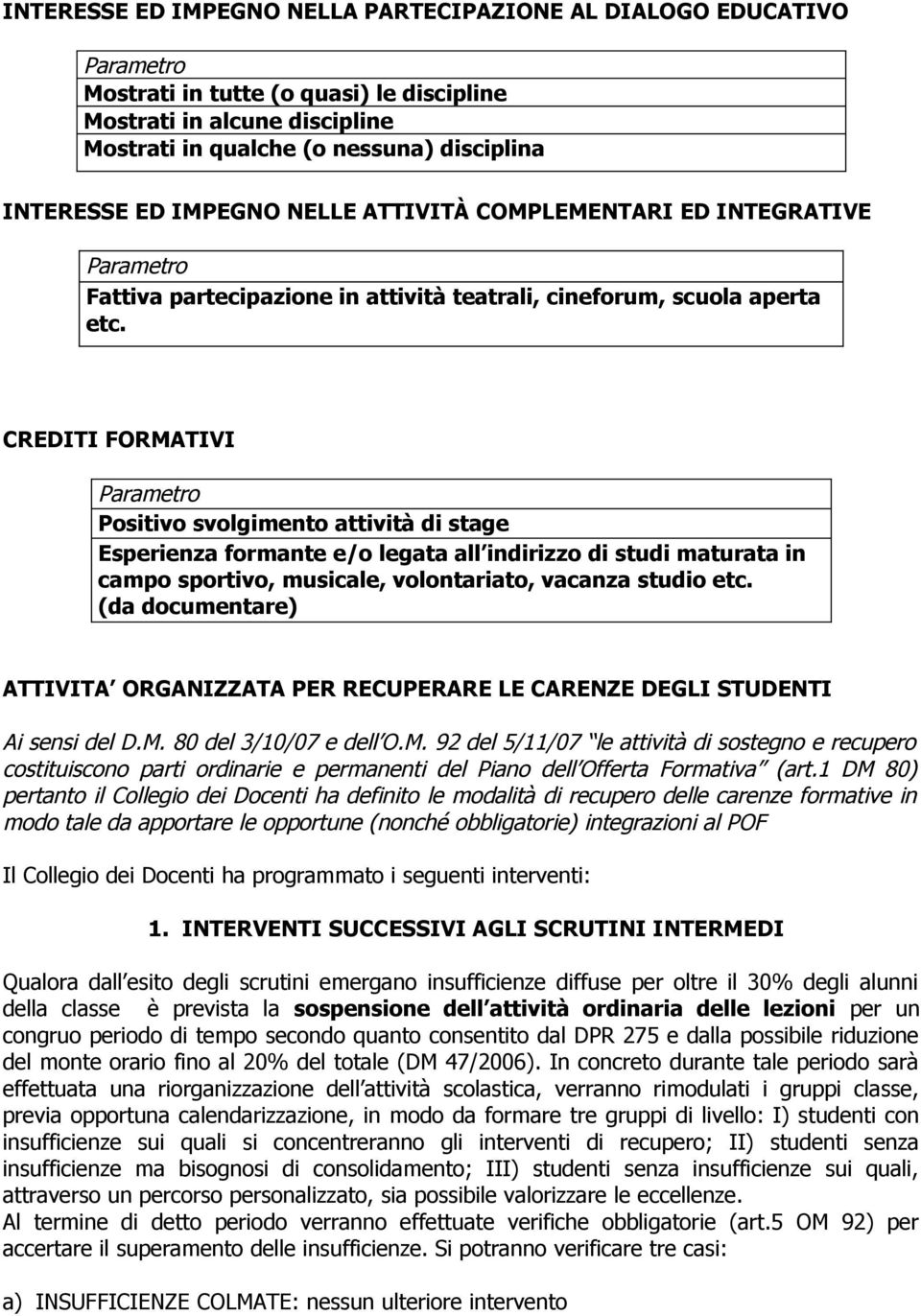 CREDITI FORMATIVI Parametro Positivo svolgimento attività di stage Esperienza formante e/o legata all indirizzo di studi maturata in campo sportivo, musicale, volontariato, vacanza studio etc.