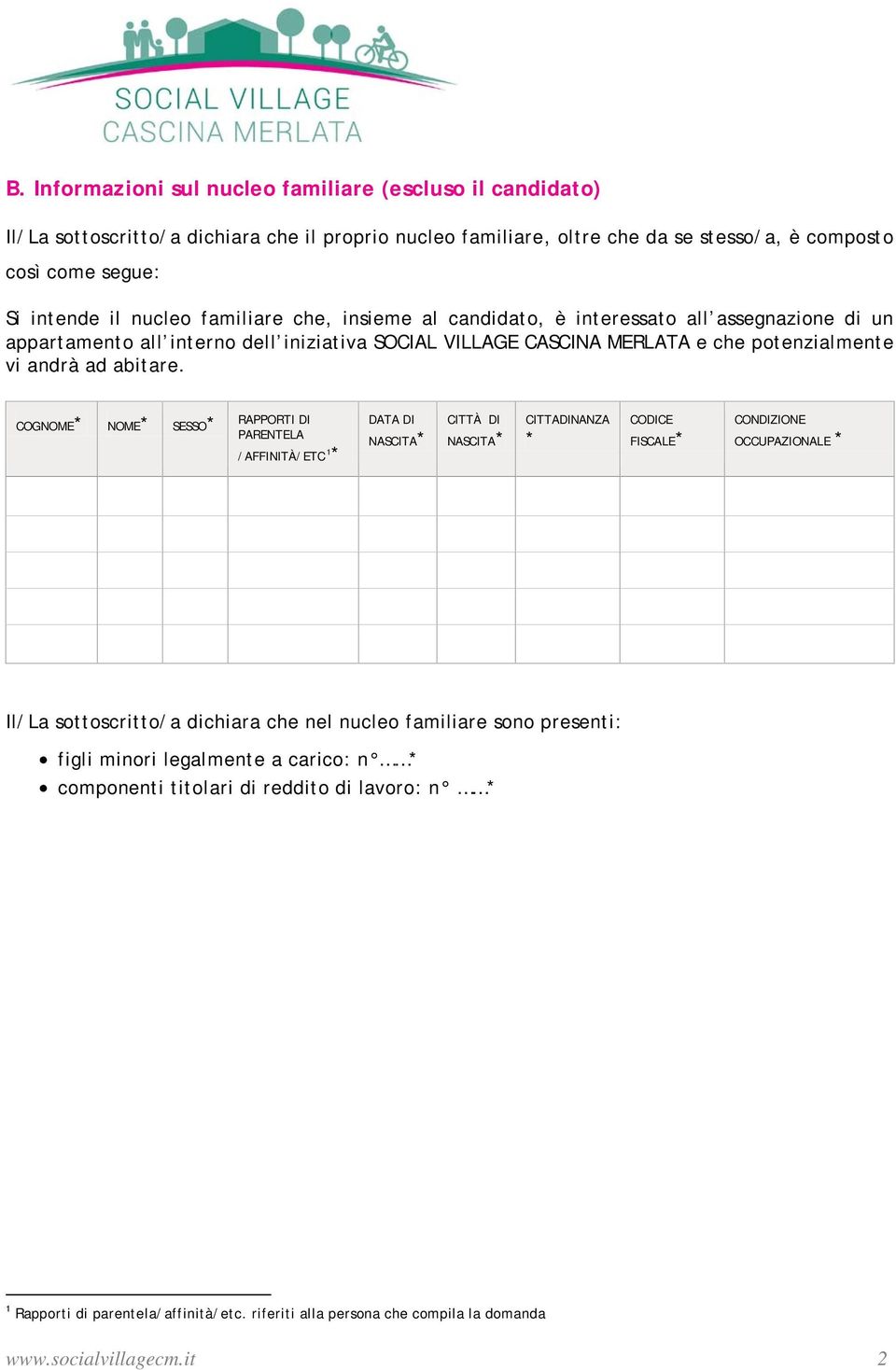 COGNOME* NOME* SESSO* RAPPORTI DI PARENTELA /AFFINITÀ/ETC 1 * DATA DI NASCITA* CITTÀ DI NASCITA* CITTADINANZA * CODICE FISCALE* CONDIZIONE OCCUPAZIONALE * Il/La sottoscritto/a dichiara che nel nucleo