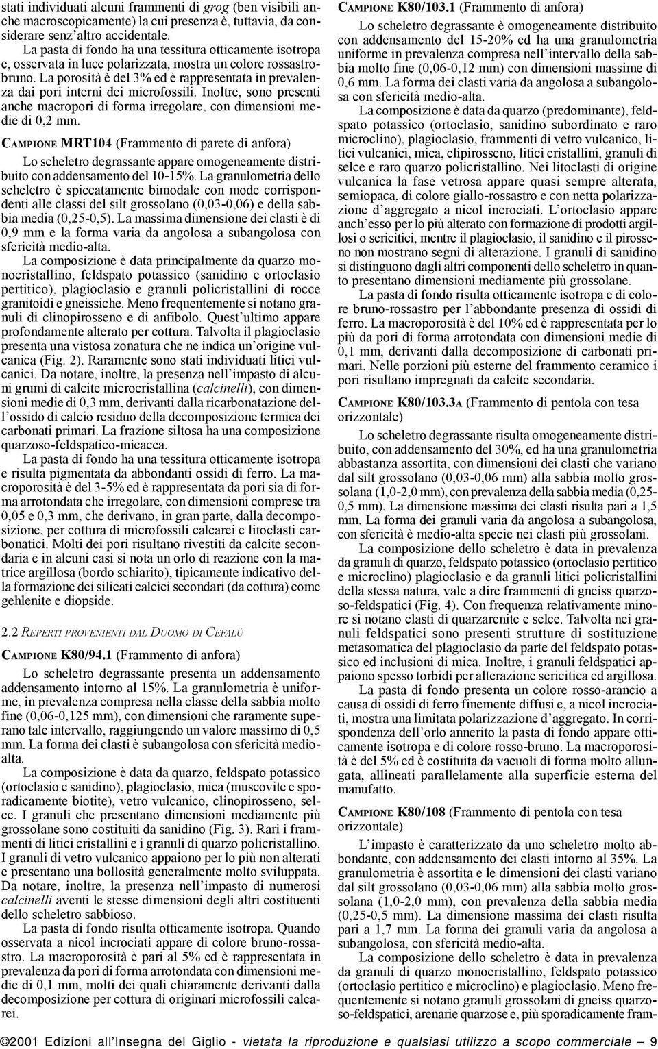 La porosità è del 3% ed è rappresentata in prevalenza dai pori interni dei microfossili. Inoltre, sono presenti anche macropori di forma irregolare, con dimensioni medie di 0,2 mm.