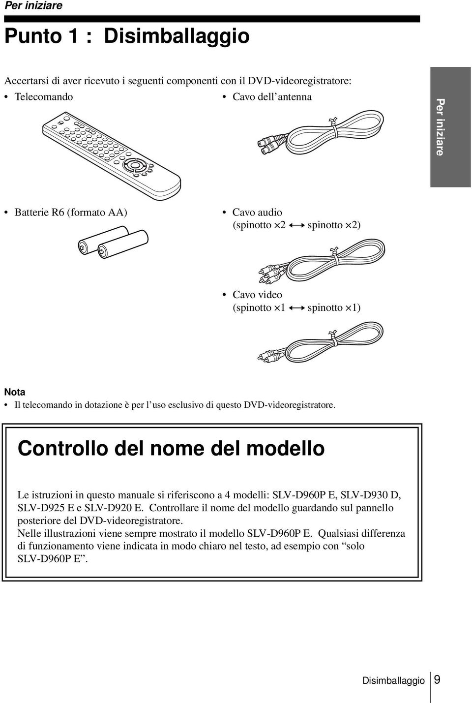 Controllo del nome del modello Le istruzioni in questo manuale si riferiscono a 4 modelli: SLV-D960P E, SLV-D930 D, SLV-D925 E e SLV-D920 E.