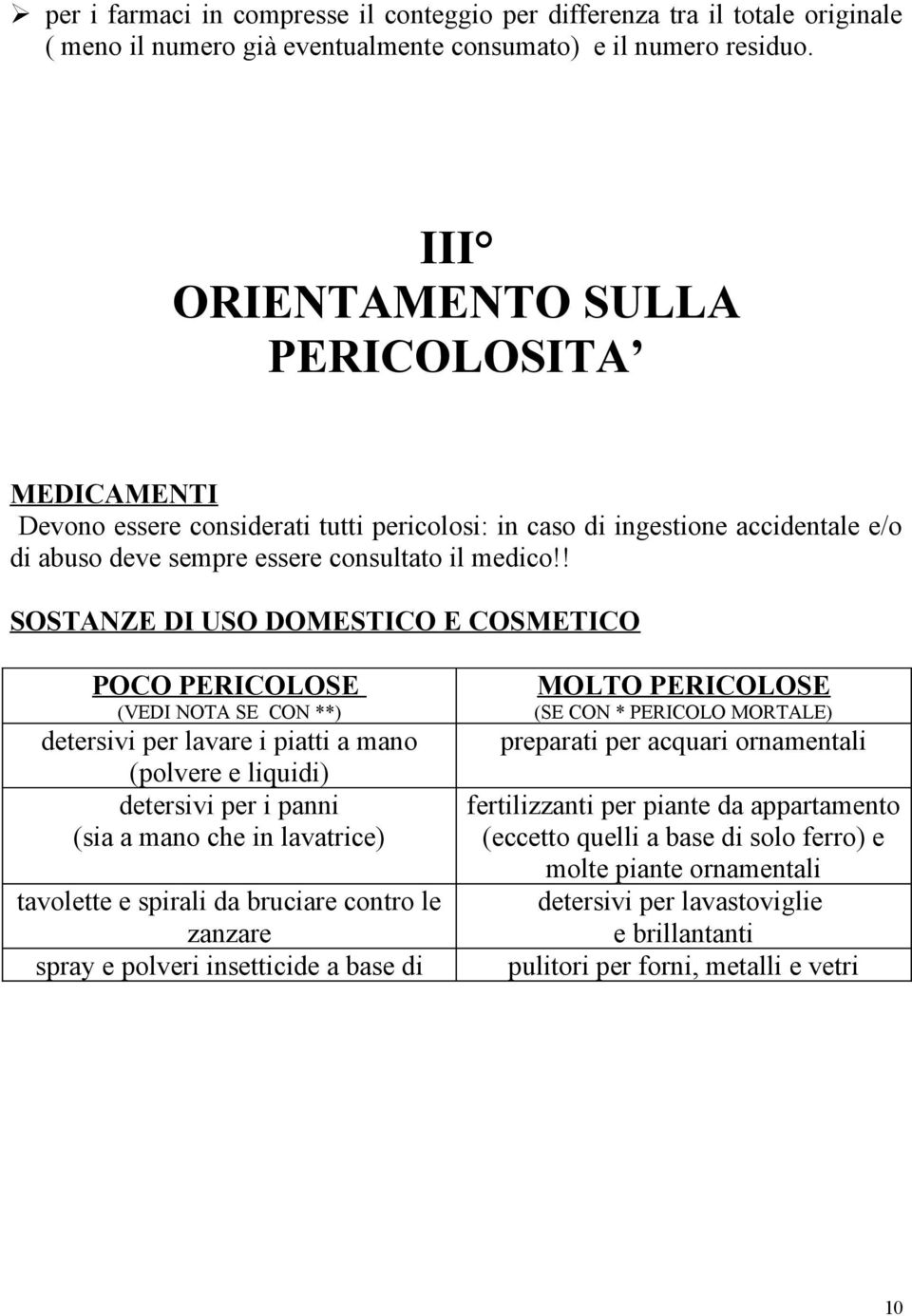 ! SOSTANZE DI USO DOMESTICO E COSMETICO POCO PERICOLOSE (VEDI NOTA SE CON **) detersivi per lavare i piatti a mano (polvere e liquidi) detersivi per i panni (sia a mano che in lavatrice) tavolette e