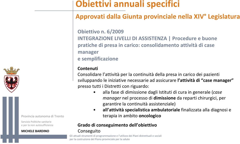 continuità della presa in carico dei pazienti sviluppando le iniziative necessarie ad assicurare l attività di case manager presso tutti i Distretti con riguardo: alla fase di dimissione