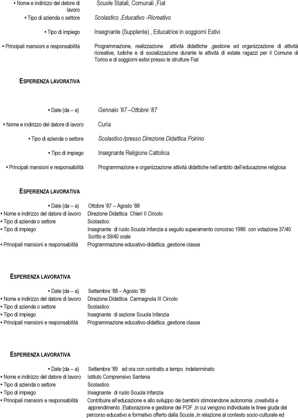 Date (da a) Nome e indirizzo del datore di lavoro Gennaio Gennaio 87 Ottobre 87 Curia /presso Direzione Didattica Poirino Insegnante Religione Cattolica Programmazione e organizzazione attività