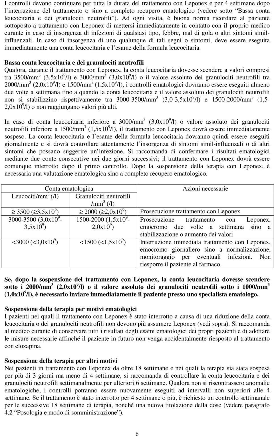 Ad ogni visita, è buona norma ricordare al paziente sottoposto a trattamento con Leponex di mettersi immediatamente in contatto con il proprio medico curante in caso di insorgenza di infezioni di