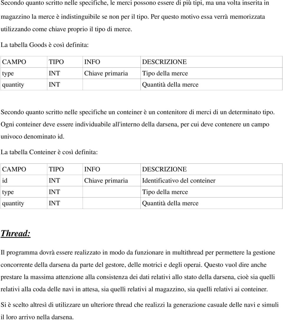 La tabella Goods è così definita: CAMPO TIPO INFO DESCRIZIONE type INT Chiave primaria Tipo della merce quantity INT Quantità della merce Secondo quanto scritto nelle specifiche un conteiner è un