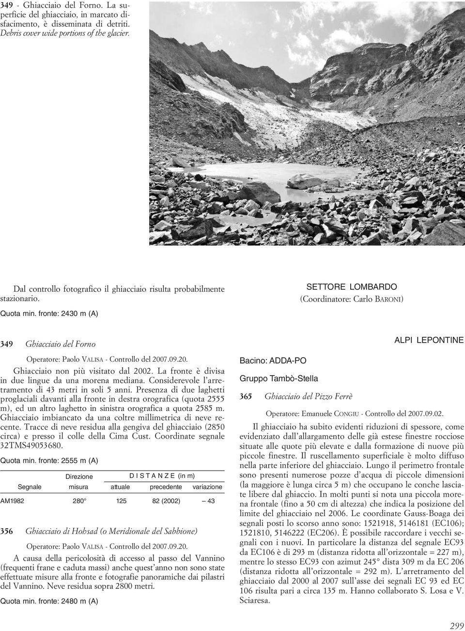 fronte: 2430 m (A) 349 Ghiacciaio del Forno Operatore: Paolo VALISA - Controllo del 2007.09.20. Ghiacciaio non più visitato dal 2002. La fronte è divisa in due lingue da una morena mediana.