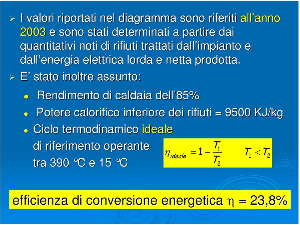 E stato inoltre assunto: Rendimento di caldaia dell 85% Potere calorifico inferiore dei rifiuti = 9500 KJ/kg