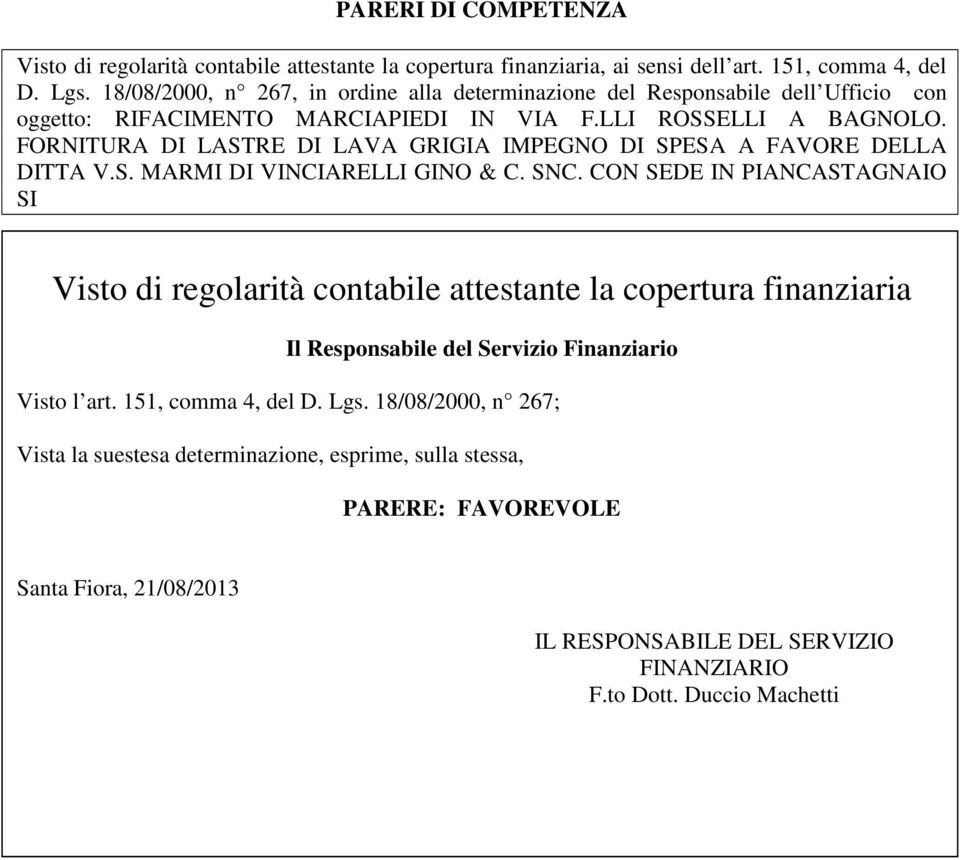 FORNITURA DI LASTRE DI LAVA GRIGIA IMPEGNO DI SPESA A FAVORE DELLA DITTA V.S. MARMI DI VINCIARELLI GINO & C. SNC.