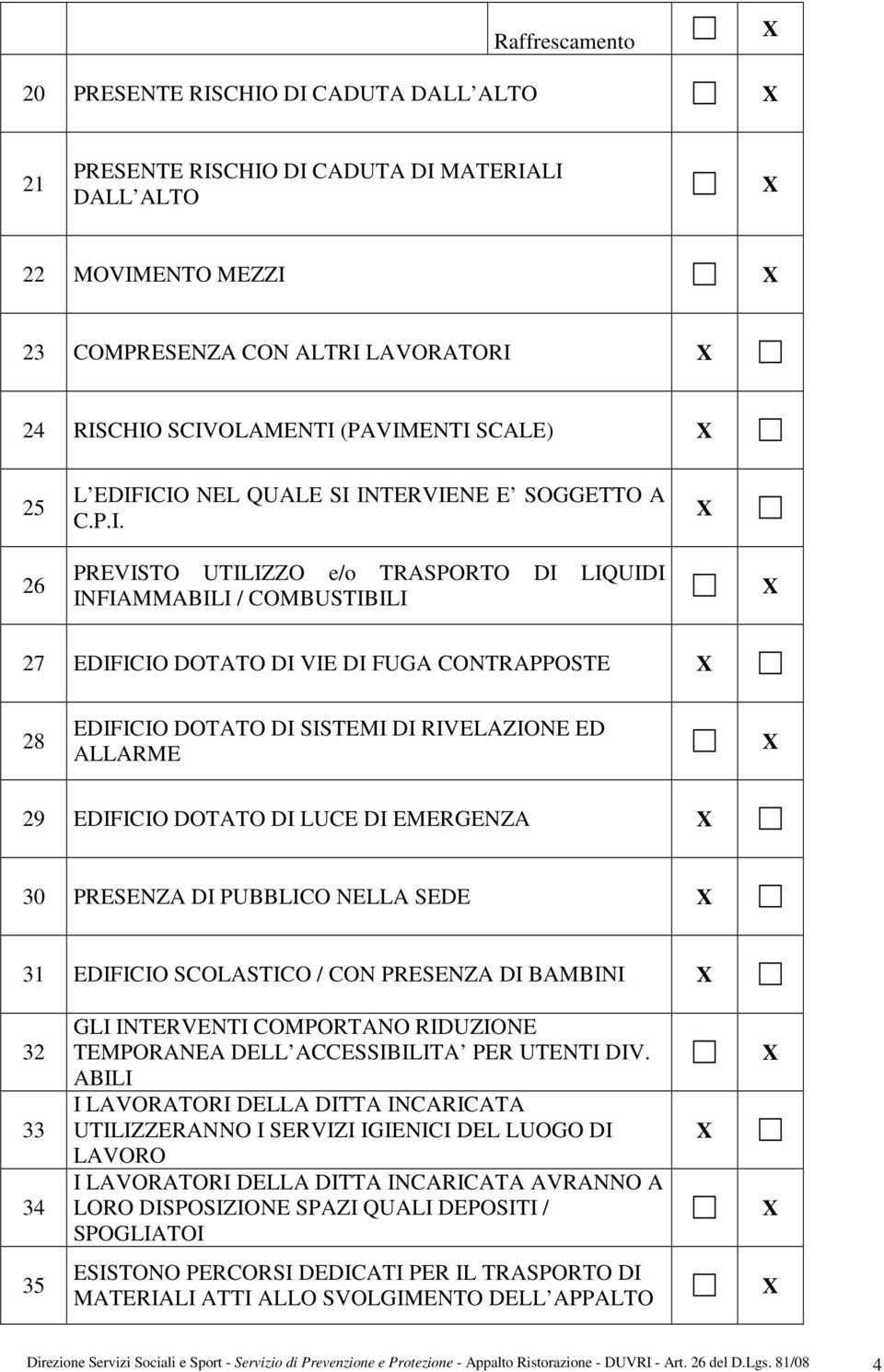 ICIO NEL QUALE SI INTERVIENE E SOGGETTO A C.P.I. 26 PREVISTO UTILIZZO e/o TRASPORTO DI LIQUIDI INFIAMMABILI / COMBUSTIBILI 27 EDIFICIO DOTATO DI VIE DI FUGA CONTRAPPOSTE 28 EDIFICIO DOTATO DI SISTEMI