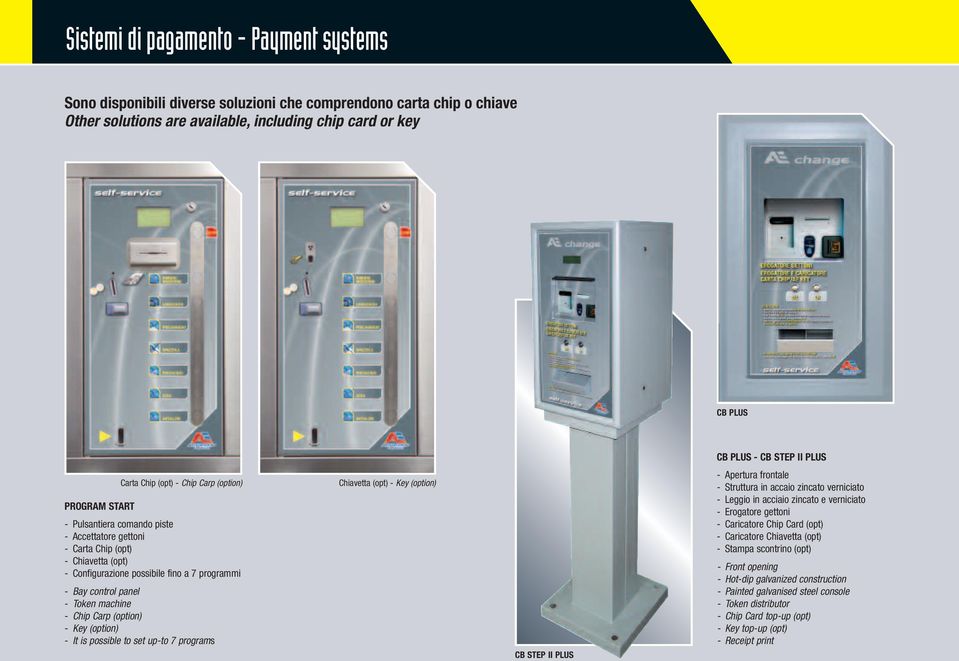 scontrino (opt) - Front opening - Hot-dip galvanized construction - Painted galvanised steel console - Token distributor - Chip Card top-up (opt) - Key top-up (opt) - Receipt print Carta Chip (opt) -