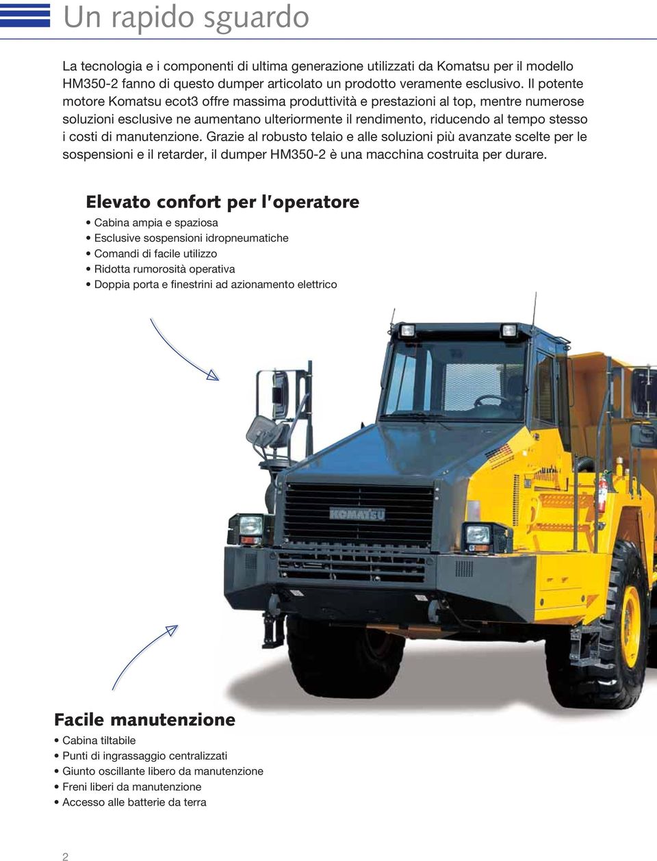 manutenzione. Grazie al robusto telaio e alle soluzioni più avanzate scelte per le sospensioni e il retarder, il dumper HM350-2 è una macchina costruita per durare.