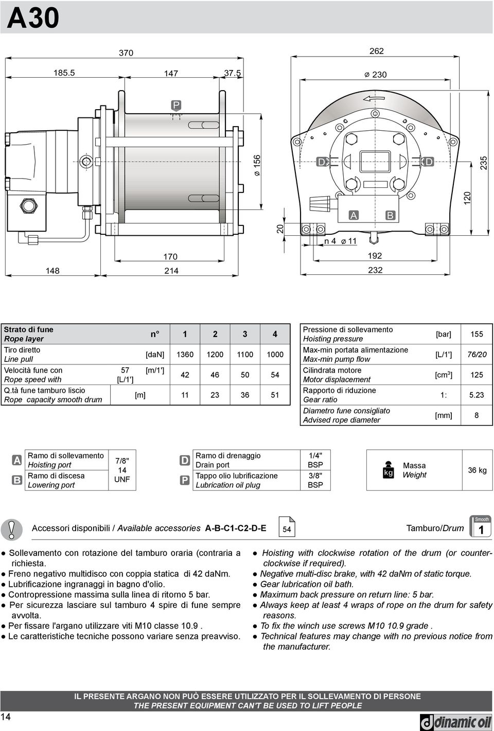 23 iametro fune consigliato dvised rope diameter [mm] 8 7/8" 14 UNF Ramo di drenaggio rain port 1/4" S 3/8" S 36 kg ccessori disponibili / vailable accessories --C1-C2--E Tamburo/rum Sollevamento con
