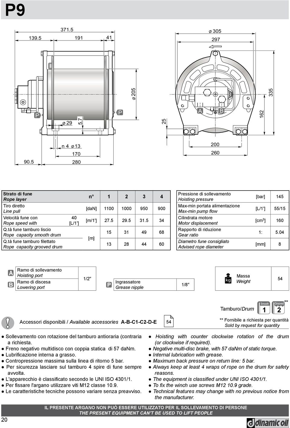 04 [mm] 8 1/2" Ingrassatore Grease nipple 1/8" Tamburo/rum ** ccessori disponibili / vailable accessories --C1-C2--E ** Fornibile a richiesta per quantità Sold by request for quantity Freno negativo