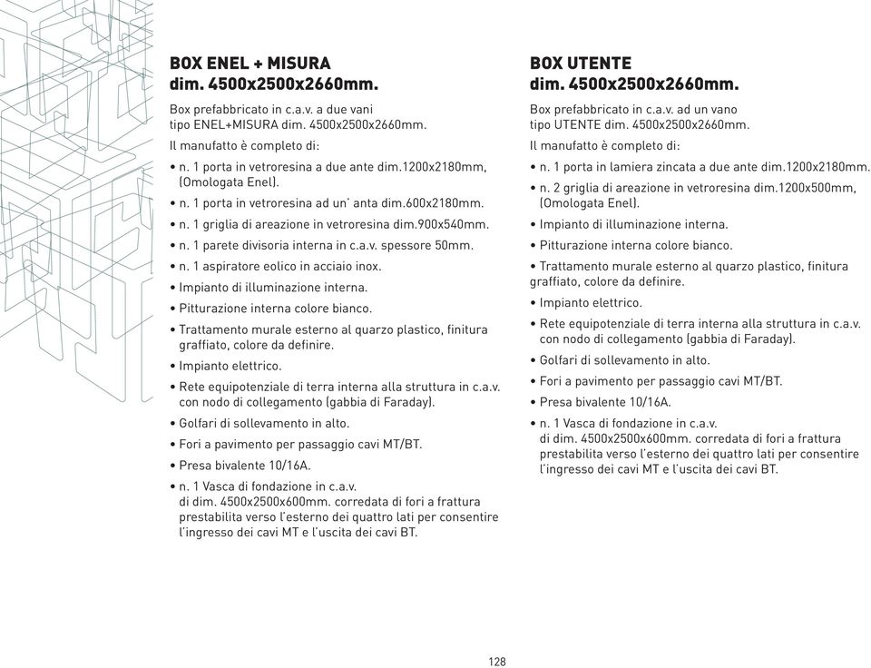 di dim. 4500x2500x600mm. corredata di fori a frattura BOX UTENTE dim. 4500x2500x2660mm. Box prefabbricato in c.a.v. ad un vano tipo UTENTE dim. 4500x2500x2660mm. n.