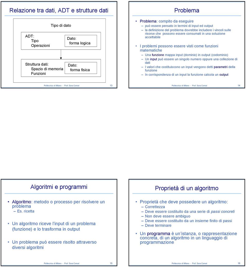 visti come funzioni matematiche Una funzione mappa input (dominio) in output (codominio) Un input può essere un singolo numero oppure una collezione di dati I valori che costituiscono un input