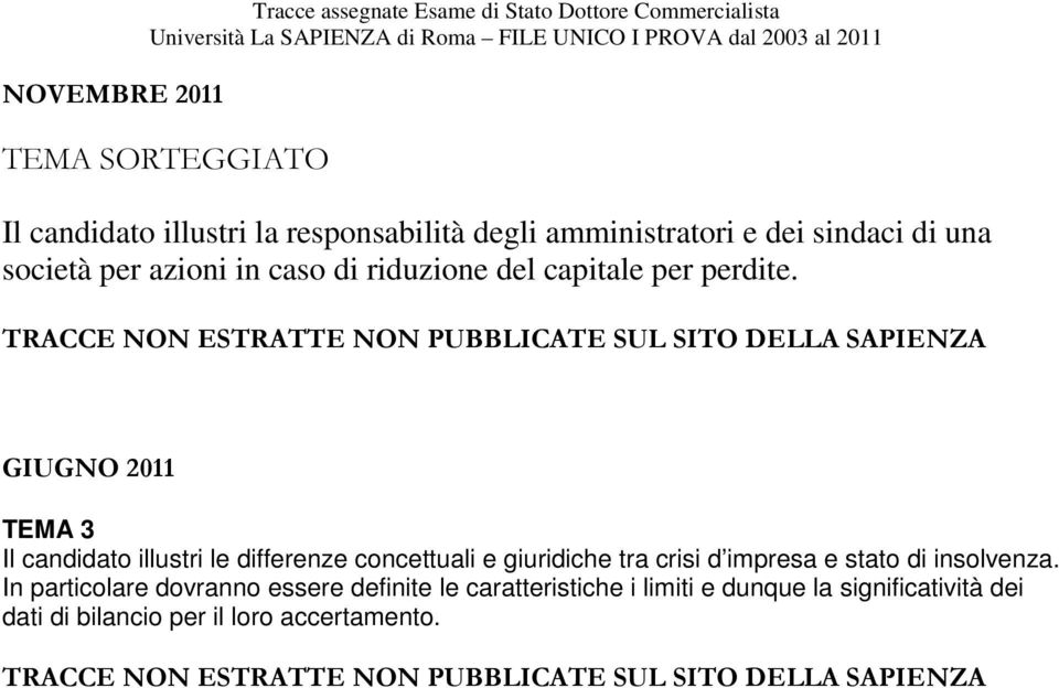 TRACCE NON ESTRATTE NON PUBBLICATE SUL SITO DELLA SAPIENZA GIUGNO 2011 TEMA 3 Il candidato illustri le differenze concettuali e giuridiche tra crisi d