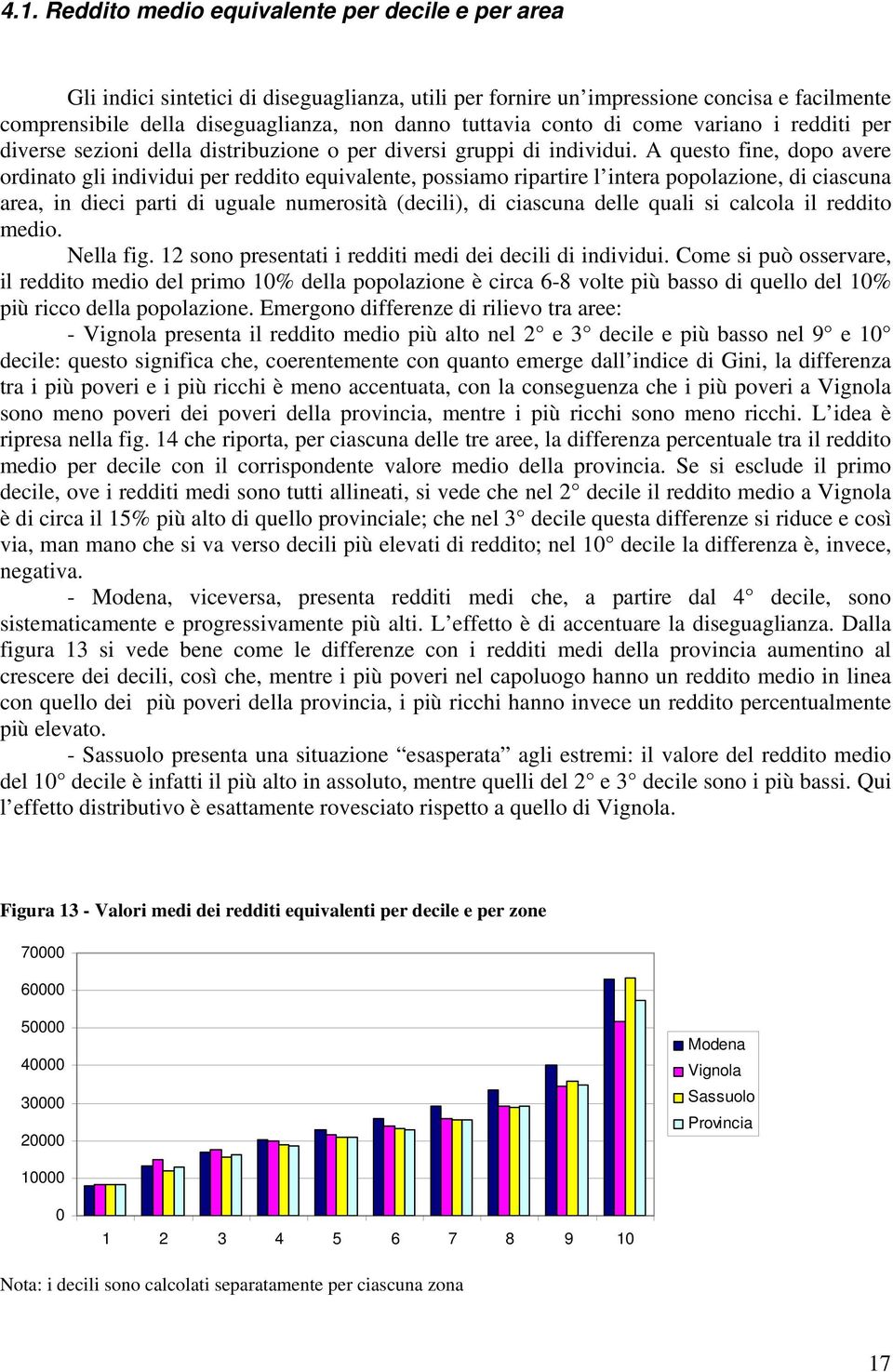 A questo fine, dopo avere ordinato gli individui per reddito equivalente, possiamo ripartire l intera popolazione, di ciascuna area, in dieci parti di uguale numerosità (decili), di ciascuna delle