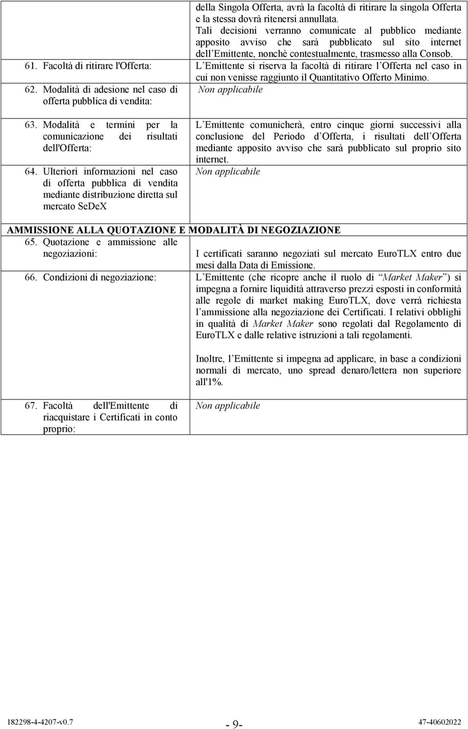 Facoltà di ritirare l'offerta: L Emittente si riserva la facoltà di ritirare l Offerta nel caso in cui non venisse raggiunto il Quantitativo Offerto Minimo. 62.