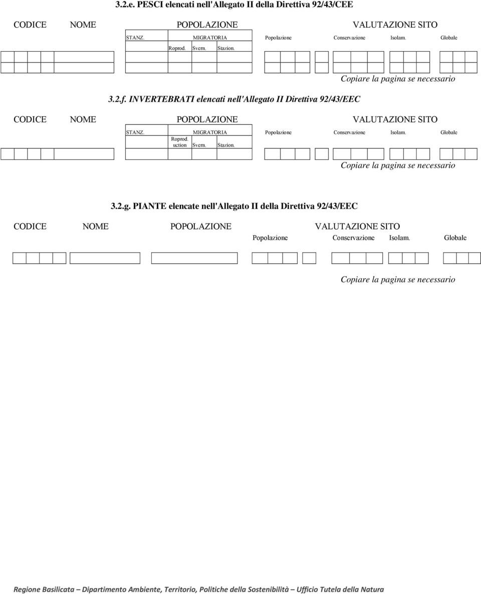 INVERTEBRATI elencati nell'allegato II Direttiva 92/43/EEC Copiare la pagina se necessario CODICE NOME POPOLAZIONE VALUTAZIONE SITO STANZ.