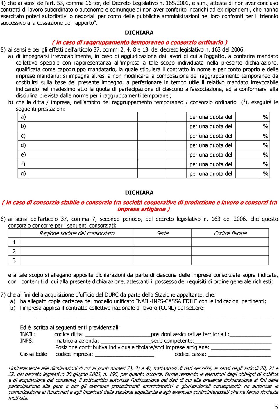 , attesta di non aver concluso contratti di lavoro subordinato o autonomo e comunque di non aver conferito incarichi ad ex dipendenti, che hanno esercitato poteri autoritativi o negoziali per conto