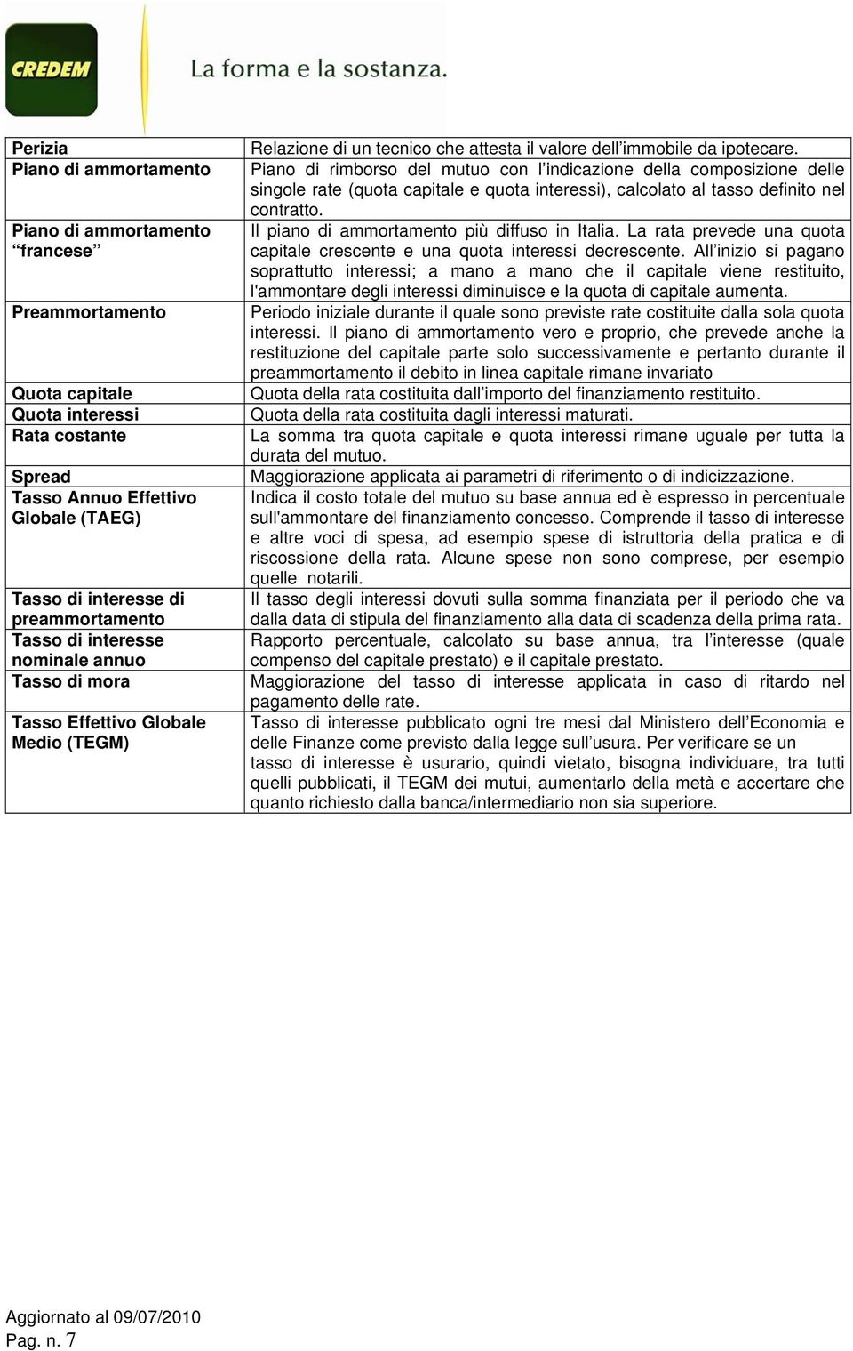 Piano di rimborso del mutuo con l indicazione della composizione delle singole rate (quota capitale e quota interessi), calcolato al tasso definito nel contratto.