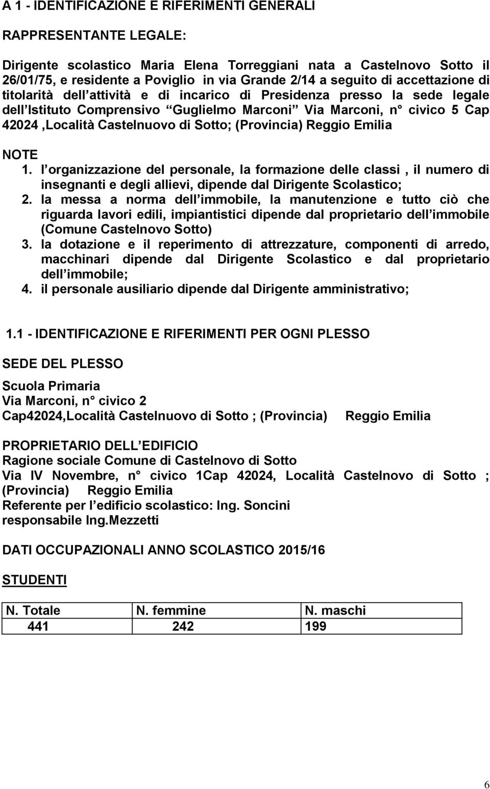 Castelnuovo di Sotto; (Provincia) Reggio Emilia NOTE 1. l organizzazione del personale, la formazione delle classi, il numero di insegnanti e degli allievi, dipende dal Dirigente Scolastico; 2.