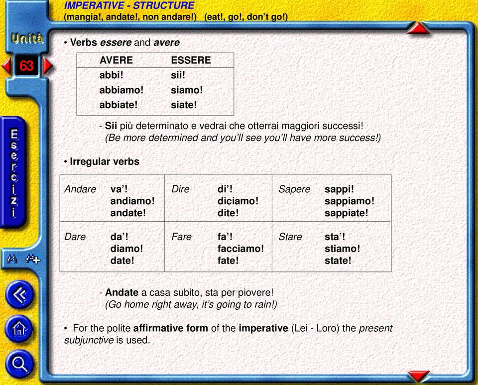 andate! Dire di! diciamo! dite! Sapere sappi! sappiamo! sappiate! Dare da! diamo! date! Fare fa! facciamo! fate! Stare sta! stiamo! state!