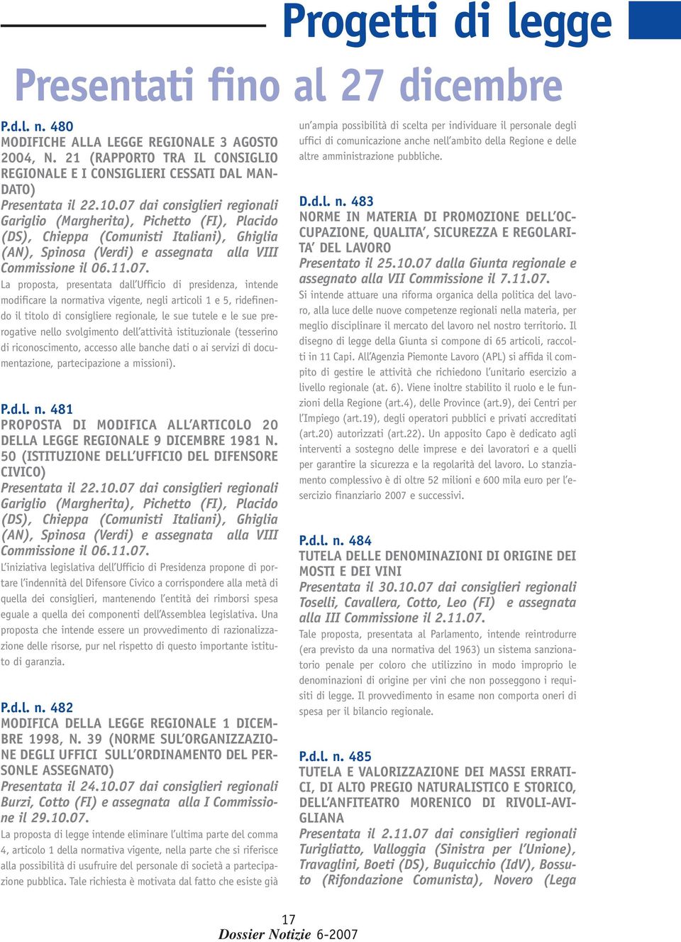 07 dai consiglieri regionali Gariglio (Margherita), Pichetto (FI), Placido (DS), Chieppa (Comunisti Italiani), Ghiglia (AN), Spinosa (Verdi) e assegnata alla VIII Commissione il 06.11.07. La