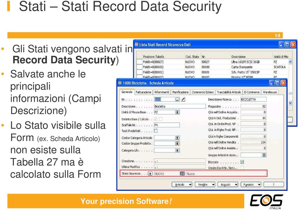 principali informazioni (Campi Descrizione) Lo Stato visibile sulla