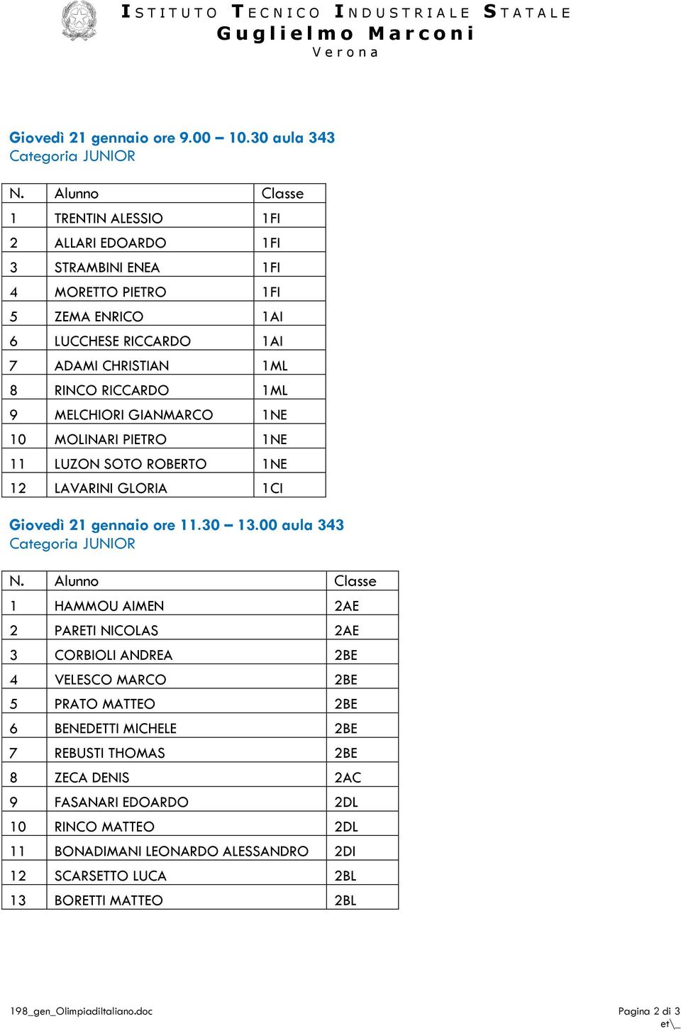 GIANMARCO 1NE 10 MOLINARI PIETRO 1NE 11 LUZON SOTO ROBERTO 1NE 12 LAVARINI GLORIA 1CI Giovedì 21 gennaio ore 11.30 13.00 aula 343 Categoria JUNIOR N.