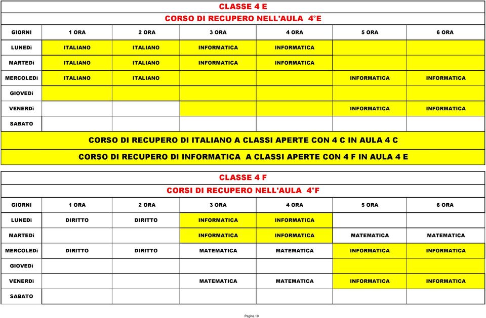 INFORMATICA A CLASSI APERTE CON 4 F IN AULA 4 E CLASSE 4 F CORSI DI RECUPERO NELL'AULA 4 F LUNEDì DIRITTO DIRITTO INFORMATICA INFORMATICA MARTEDì INFORMATICA