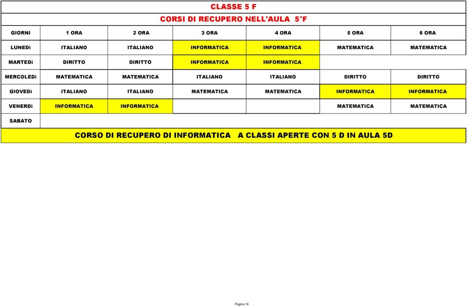ITALIANO DIRITTO DIRITTO GIOVEDì ITALIANO ITALIANO MATEMATICA MATEMATICA INFORMATICA INFORMATICA VENERDì